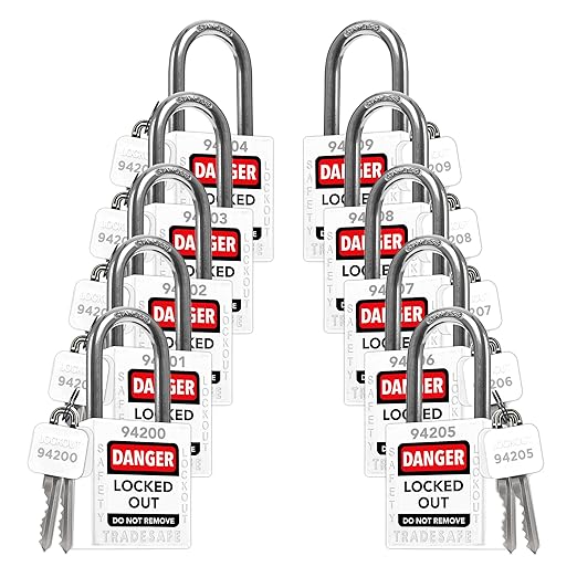 TRADESAFE Lockout Tagout Locks Set - 10 White Loto Locks, Keyed Different Lock Out Tag Out Padlocks, 2 Keys Per Lock, OSHA Compliant Lockout Locks