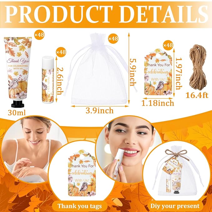 48 Sets 192 Pcs Thanksgiving Pumpkin Hand Cream and Lip Balm Fall Party Favors Gifts for Guests Pumpkin Bridal Baby Shower Wedding Party Favor with Thank You Card Organza Bags Travel Size