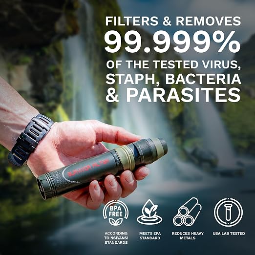 Survivor Filter Squeeze Kit – Emergency Water Filter Straw with 2 Collapsible 33.8 fl oz Bottles – USA-Tested – 0.05 Micron Filtration – Portable Water Filtration for Emergency Prep, Camping & Hiking