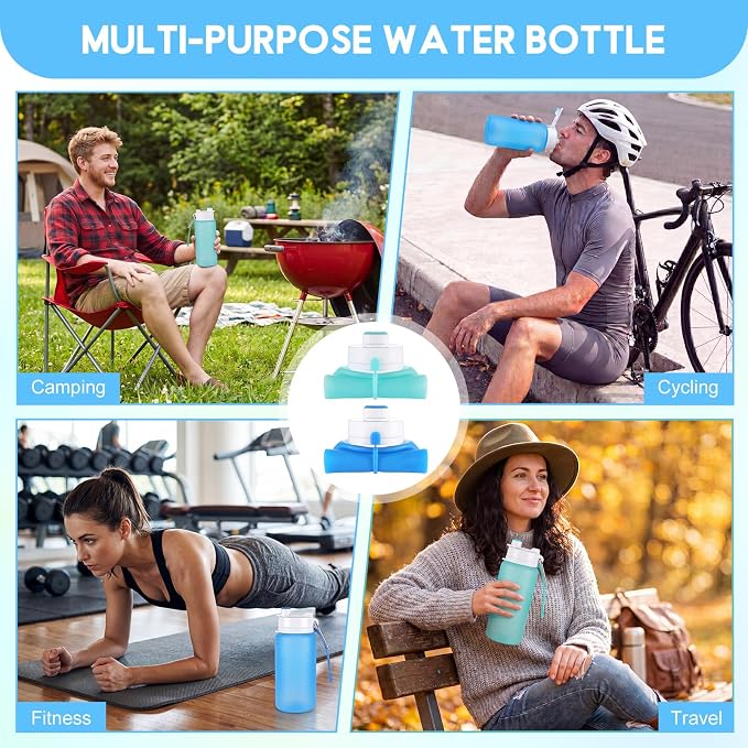 LemonRoad 2 Pcs 19 oz Silicone Collapsible Water Bottle Portable Foldable Water Bottle Leakproof with Carabiner Reusable Lightweight for Travel Sport Hiking Camping Cycling Office(Blue Green)