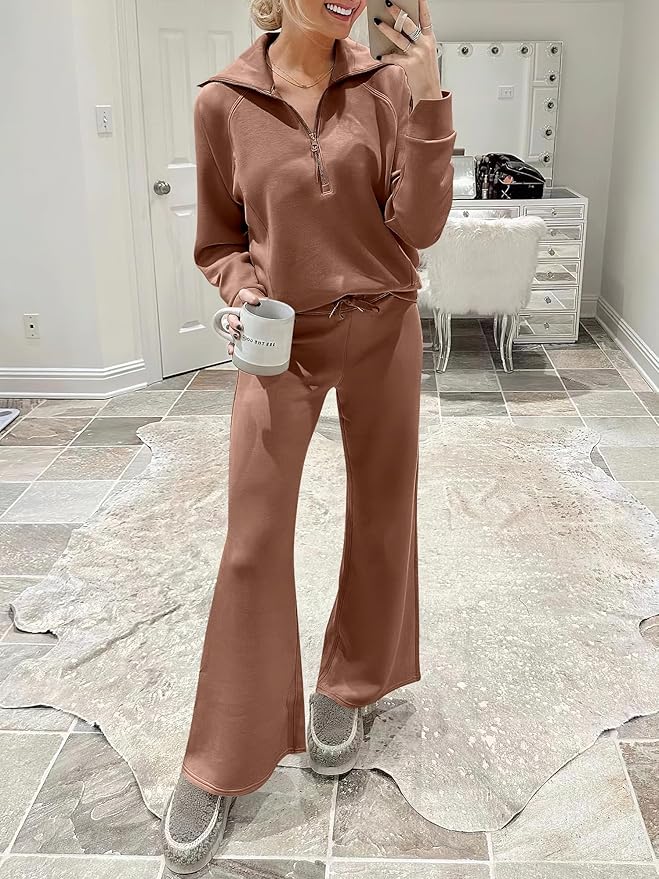 ANRABESS Women’s 2 Piece Outfits Half Zip Sweatshirt & Wide Leg Pants Airport Travel Lounge Matching Sets Sweatsuits Clothing