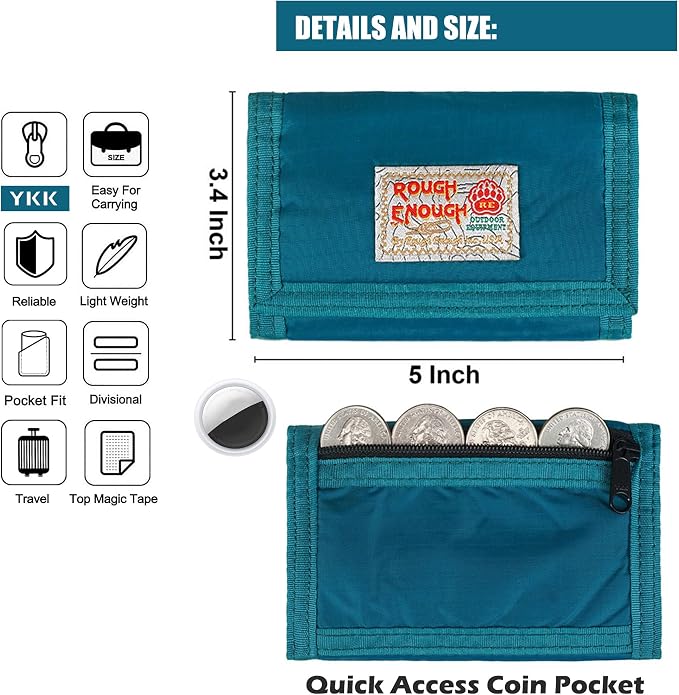 Rough Enough Kids Wallet for Boys Teens with Neck Lanyard Keychain Zipper Coin Pocket Card Holder Blue Soft Nylon