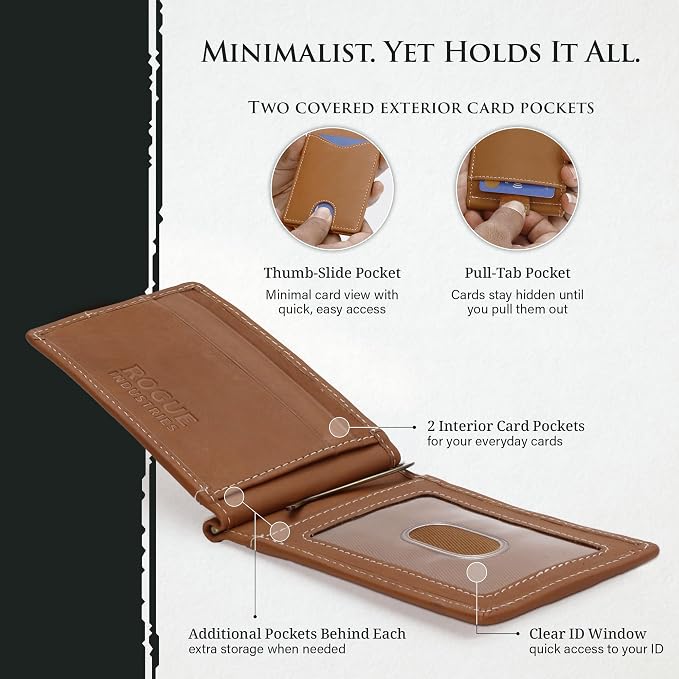 ROGUE WALLET Genuine Leather Minimalist Wallets - RFID Blocking with Money Clip - Interior & Exterior Card Pockets & More - Gift for Men (Tan)