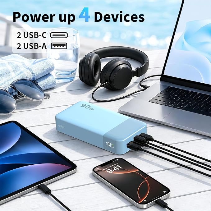 NOBIS 90W 20,000mAh Power Bank, Laptop Portable Charger 4-Port PD Fast Charging Battery Pack Digital Display for Laptop, Tablet, Phone and More