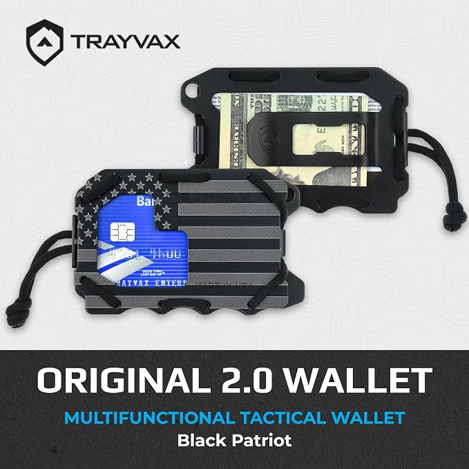 Trayvax Original 2.0 Wallet, RFID Front Pocket Tactical Metal Credit Card Holder with Money Clip, Slim Minimalist Wallet for Men and Women, Black Patriot