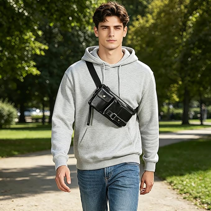 Water Resistant Canvas + Leather Hiking Riding Travel Fanny Waist Pack Small Phone Pouch For Men Women FB811-29 (100% Leather-The 8135 Black)