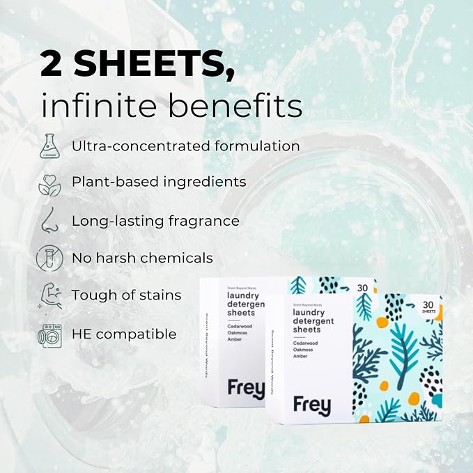 FREY Plant-Derived Laundry Detergent Sheets, 60-Count (Pack of 2) – Eco-Friendly Liquidless Detergent Strips, Travel-Friendly Biodegradable Eco-Sheets (Cedar Grove)