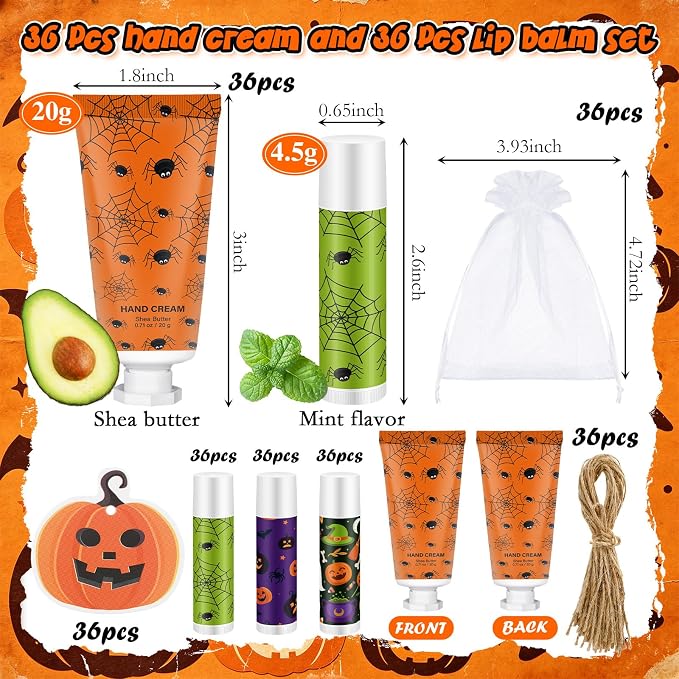 144 Pcs Halloween Lip Balms Hand Cream Sets Halloween Party Supplies Including 36 Ghost Pumpkin Lip Balm and Spider Moisturizing Hand Cream 36 Organza Bags Cards and Ropes for Thank You Gifts