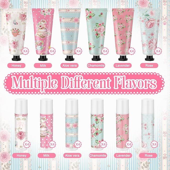 24 Sets Tea Party Favors Mini Hand Cream Lip Balm Bulk Gift Set for Women Wedding Party Favors for Guests Travel Size Hand Lotion Vintage Floral Moisturizing Lip Balm Gifts for Baby Shower
