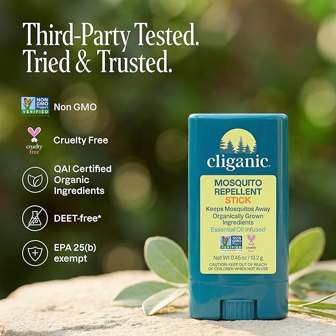 Cliganic Mosquito Repellent Stick for Adults & Kids - 5 Hours of Natural, DEET-Free Protection, Non-GMO Verified, with Organically Grown Ingredients & Essential Oils, Easy to Use Travel Stick