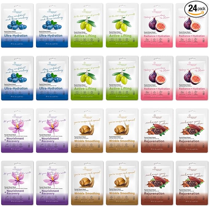 VIABEAUTY 24 Pack of Sheet Face Masks Skincare - Collagen Face Mask Sheets with Hyaluronic Acid, Vitamin C, Snail Mucin - Facial Sheet Mask for Hydrating, Rejuvenating, Moisturizing