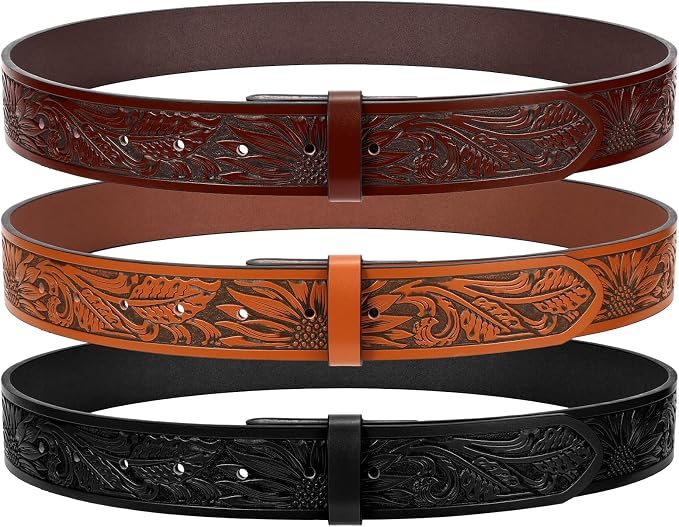 SANSTHS 3 Pack Western Belts for Men Woman without Buckle, Cowgirl Cowboy Belt for Buckle Western Leather Belt for Jeans
