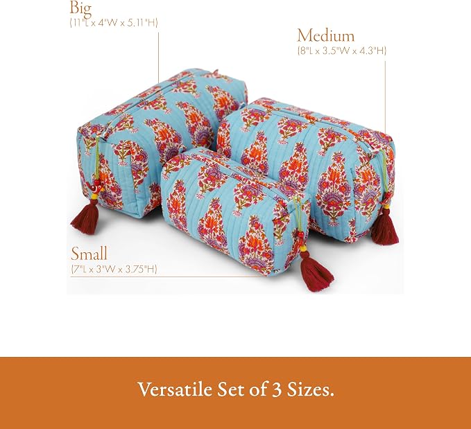Saffron Marigold Quilted Makeup Bag Set of 3, Hand Block Printed Cotton Cosmetic Bags for Women, Waterproof Lined Travel Toiletry Bag, Coquette Aesthetic, Handmade Gift, Kashmir