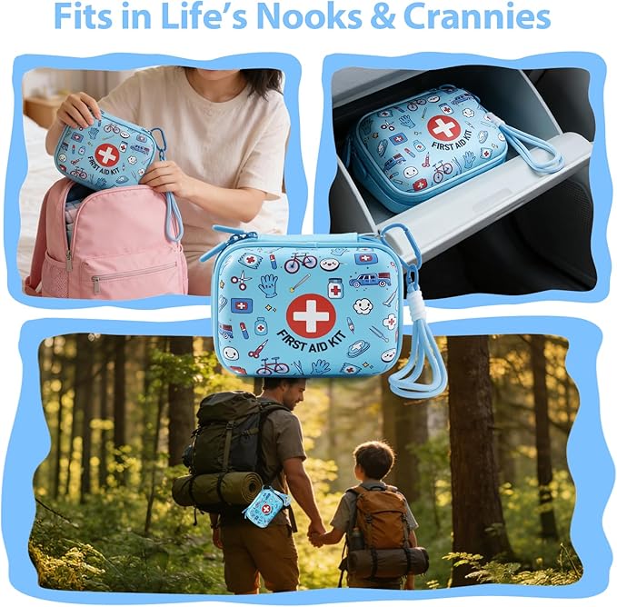 Mini First Aid Kit for Kids - 160 Pcs Water-Resistant Hard Shell Compact Emergency Kit for Travel, Home, School, Car, Camping & Hiking - Portable with Elastic Fabric Band-Aids