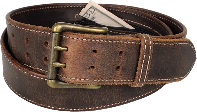 Money Belt, 1-3/4" Double Prong, Zipper Pocket, Travel Security, Full Leather, Made in USA