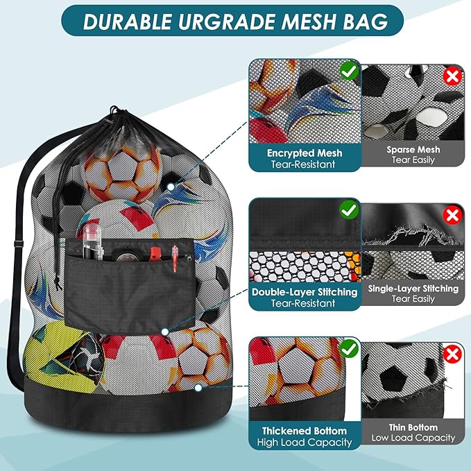 BROTOU Extra Large Soccer Ball Net Bag, 40" x 30" Drawstring Mesh Ball Bag with Zipper Pocket, Sports Equipment Bag for Gym, Cloth, Beach, Swimming Gears