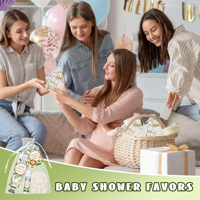 Loopeer 30 Set/150 Pcs Jungle Safari Baby Shower Favors for Guests Gifts Hand Cream Lip Balm Soap Party Favors Travel Size with Bags, Thanks You Card for Games Prizes Souvenirs