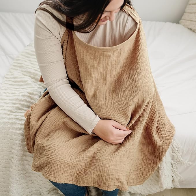 Konssy Muslin Nursing Cover for Baby Breastfeeding, Breathable 100% Cotton Breastfeeding Cover with Rigid Hoop for Mother Nursing Apron, Multi-use Carseat Canopy (Camel)