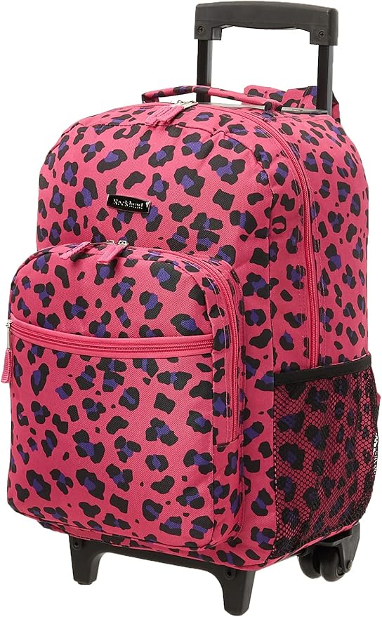 Rockland Double Handle 17" Rolling Backpack, Magenta Leopard