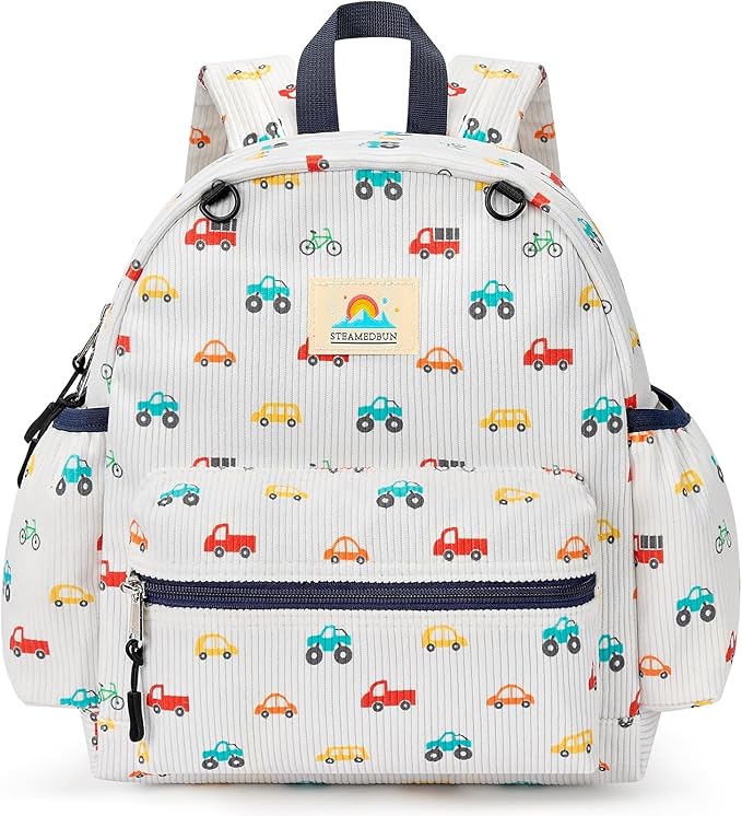 STEAMEDBUN Corduroy Toddler Backpack for Boys 2-4: Kids backpack for Boys Girls - 12 inch Preschool Kindergarten Backpacks - Car