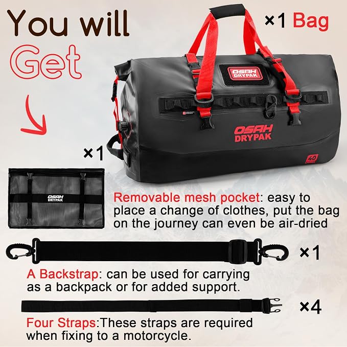 OSAH DRYPAK Waterproof Duffel Bag 25L/40L/60L – Heavy-Duty Motorcycle Tail Bag, Roll-Top Dry Bag for Travel, Camping, Boating, Kayaking, Outdoor Adventure