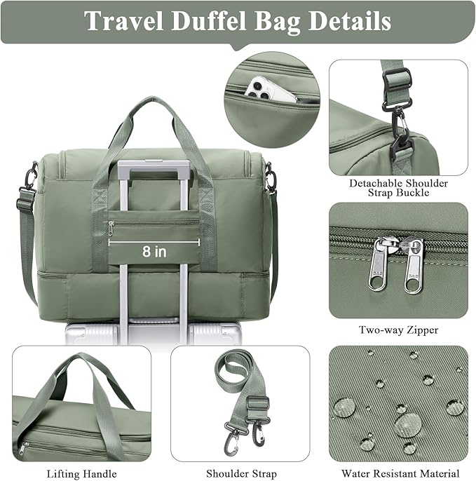 Large Travel Duffle Bag,Carry on Overnight Weekend Bag with Shoes Compartment,Weekender Bags for Women for Travel Business Trips Sport Hospital,Olive Green
