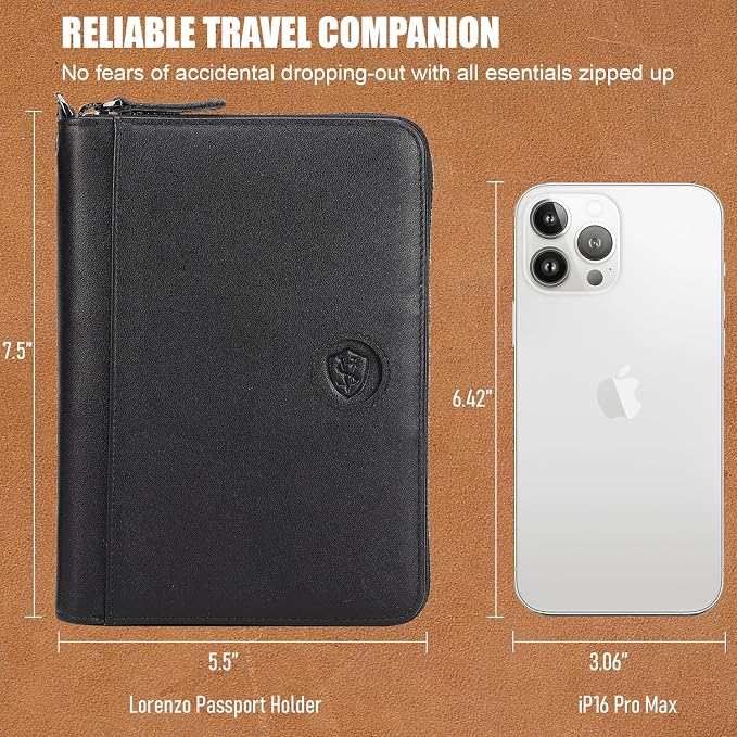 STAR VISTA Lorenzo Full Grain Leather Family Passport Wallet for 4, Large Travel Document Organizer for Exquisite Voyagers, Multi-Currency Compartments, RFID Blocking, AirTag Track, Black