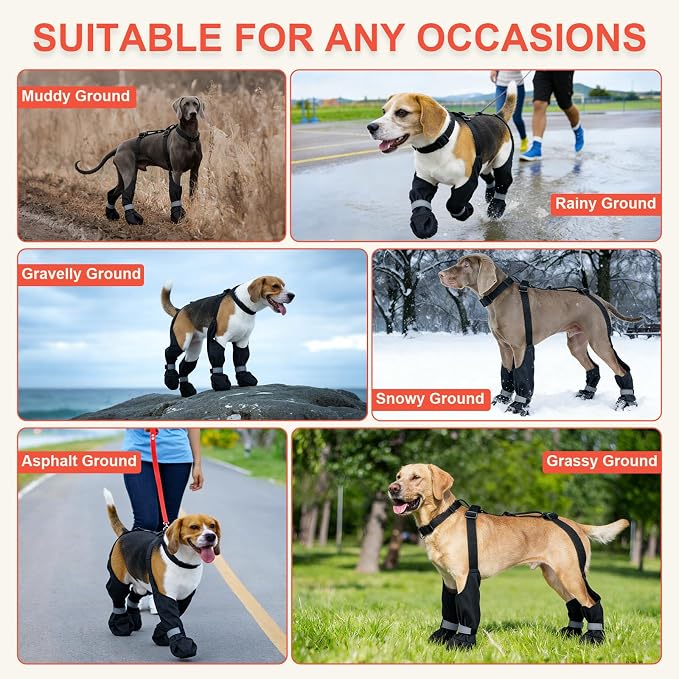 XS Black Stay-On Suspender Dog Boots | Anti-Slip Waterproof | Adjustable Dog Shoes Paw Protector for Small/Medium Dogs Outdoor Walking Hiking Hot Pavement Winter Snow