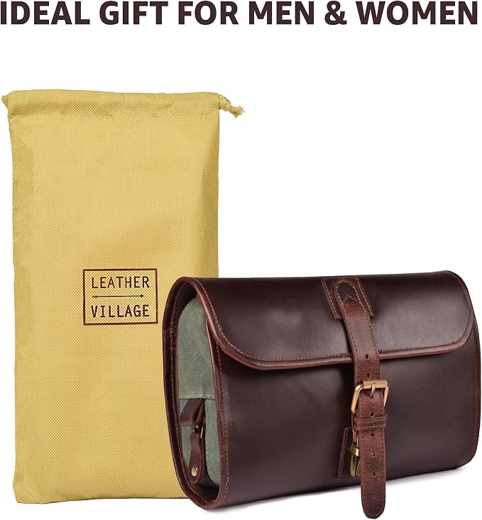 LEATHER VILLAGE Hanging Genuine Leather Toiletry Bag for Men & Women with Waterproof Lining – Handcrafted Vintage Travel Dopp Kit, Shaving Organizer & Shower Bathroom Essentials Case - Cherry