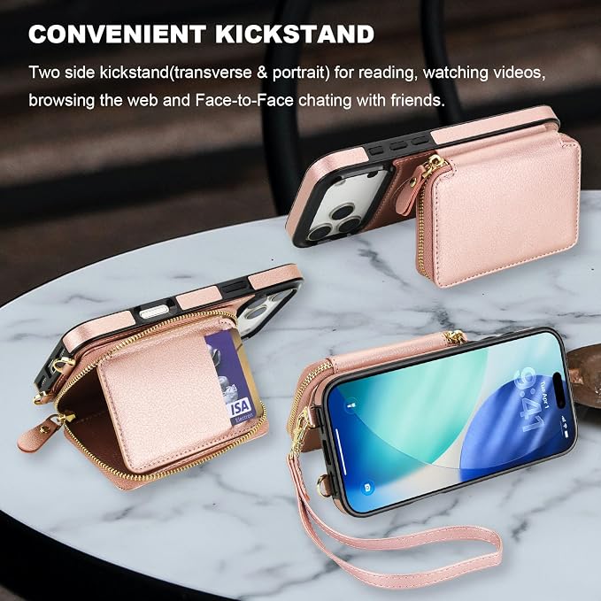 Bocasal for MagSafe Crossbody Wallet Case Compatible with iPhone 17 Pro Max, RFID Blocking Protective Purse Case with Card Slots Holder Kickstand Wrist Strap Lanyard Zipper 6.9 Inch 5G (Rose Gold)