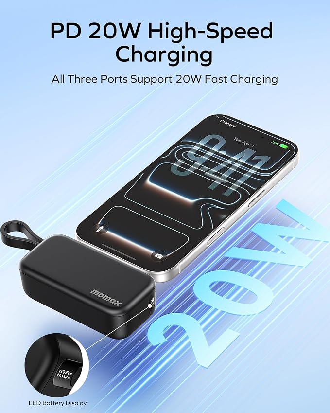 MOMAX Portable Charger, 5000mAh Small Power Bank PD 20W Fast Charging Battery Pack with 3 USB-C, LED Battery Display, Smart Temperature Control for iPhone 17 16 15 Pro Max(Black)