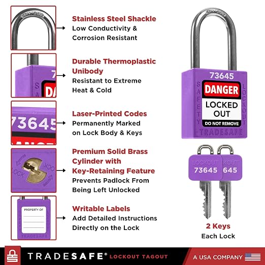 TRADESAFE Lockout Tagout Locks Set - 10 Purple Loto Locks, Lockout Locks Keyed Different, 2 Keys Per Lock, OSHA Compliant Lock Out Tag Out Padlocks, Safety Padlocks for Electrical Lockout Tag Out Kits
