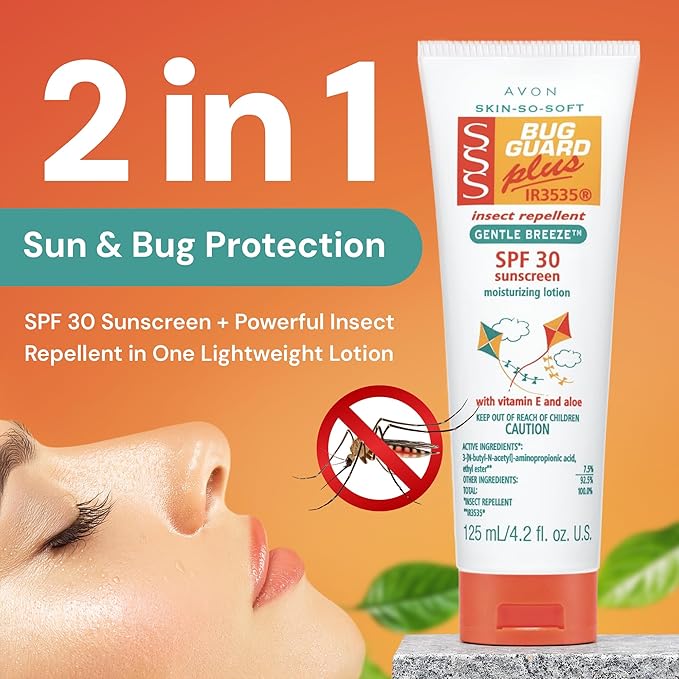 AVON Skin So Soft Bug Guard Plus IR3535 Insect Repellent Moisturizing Lotion — Gentle Breeze SPF 30 Lotion, 2-in-1 Sunscreen & DEET-Free Bug Repellent with Vitamin E & Aloe — Travel Size, 4.2 fl oz