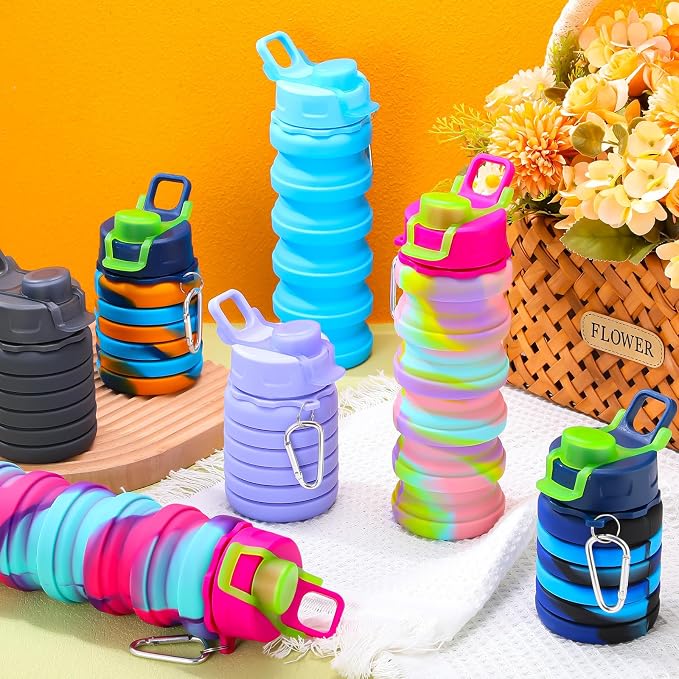 Sunnyray Collapsible Water Bottles Bulk Foldable Water Bottles 17oz Silicone Portable Leak Proof Reusable Sports with Clip for Travel Hiking Camping Outdoor(Colorful,40 Pack)