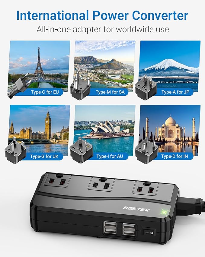 BESTEK 250W Power Converter 3-Outlet and 4-Port USB Travel Voltage Transformer 220V to 110V with Type G/D/M/AU/US Travel Plug Adapters