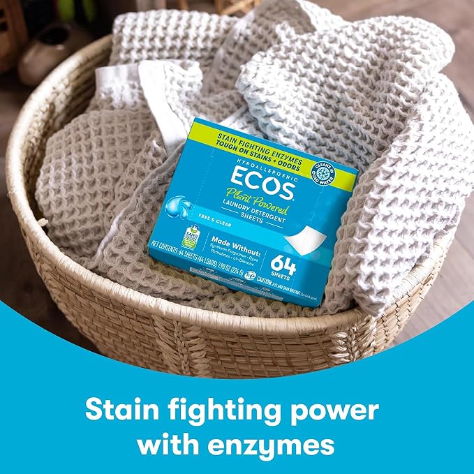 ECOS Laundry Detergent Sheets Vegan, No Plastic Jug, No Mess, Liquid Free - Hypoallergenic, Plant Powered Laundry Detergent Sheet - Free and Clear - 100 Count (Pack of 1)