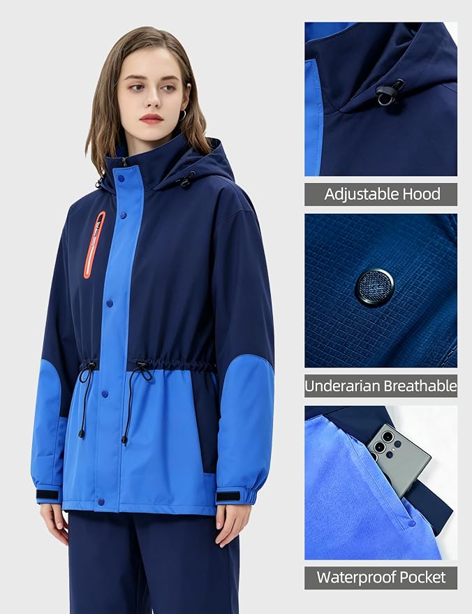 Rain Suit for Women Waterproof Hooded Rain Gear Rain Jacket and Pants 2 Piece Breathable Rain Coat Outdoor