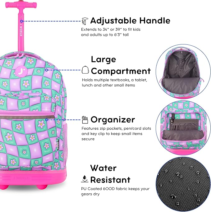 J World Sunrise Kids Rolling Backpack for Girls Boys. Roller Bookbag With Wheels For School, Puffy Flower