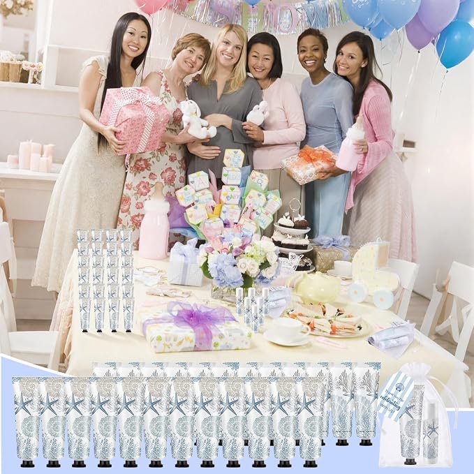 Loopeer 50 Set / 200 Pcs Coastal Baby Shower Favor Bulk Hand Cream Party Favors Beach Ocean Seashell Themed Hand Cream Lip Balm with Thank You Cards Organza Bags Appreciation Gifts for Summer Supplies