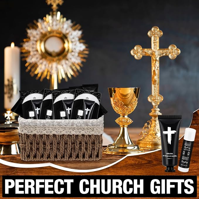 50 Sets 100 Pcs Church Gift for Men Bulk Black Hand Cream and Lip Balm Religious Bible Verse Cedar Scent Lip Moisturizer Christian Appreciation Gift for Coworker Church Party Favor