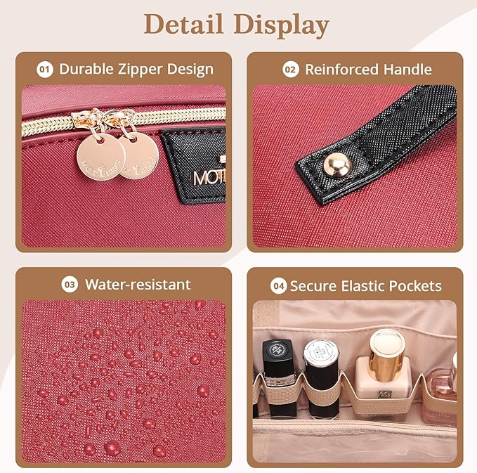 Travel Makeup Bag for Women: 3-in-1 Large Capacity Cosmetics Organizer with 2 Detachable Pouch - Vegan Leather Flat Open Toiletry Bag - Portable Travel Essentials for Full-Sized Bottles(Red)