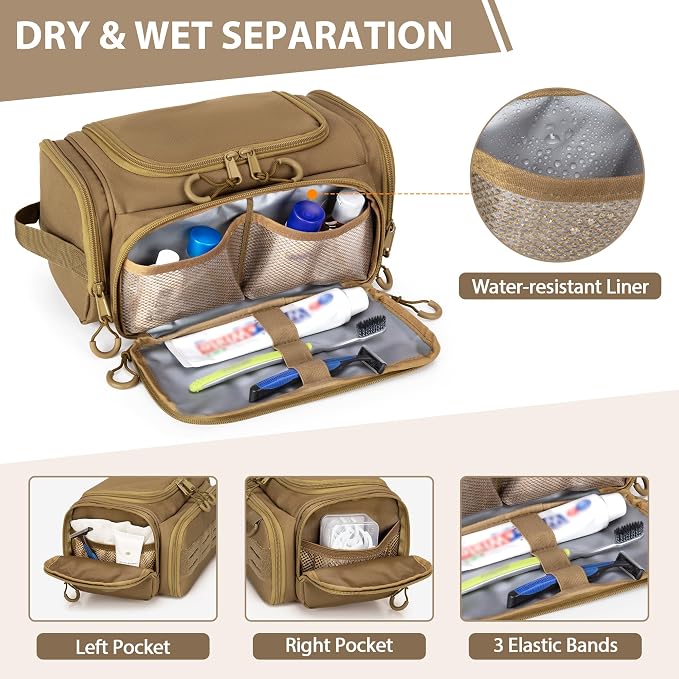 Tactical Toiletry Bag for Men, Hanging Hygiene Bag, Travel Dopp Kit Organizer for Shaving, Shower Essentials and Toiletries, Khkai (Empty Bag)