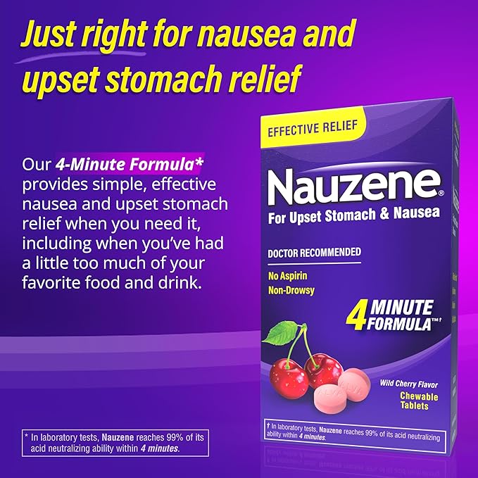 Nauzene Non-drowsy Upset Stomach & Nausea Relief Chewable Tablets - Fast-Acting Relief in 4 Minutes - Doctor Recommended - Wild Cherry Flavor, 42 ct