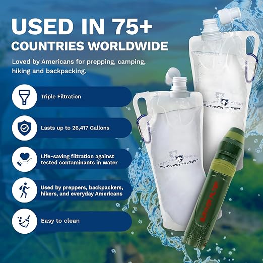 Survivor Filter Squeeze Kit – Emergency Water Filter Straw with 2 Collapsible 33.8 fl oz Bottles – USA-Tested – 0.05 Micron Filtration – Portable Water Filtration for Emergency Prep, Camping & Hiking
