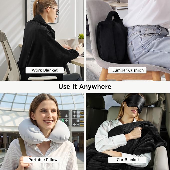 Bedsure Travel Blanket Set with Inflatable Neck Pillow and Eye Mask - Lightweight 3-in-1 Airplane Packable Blanket, Compact Travel Essentials, Black