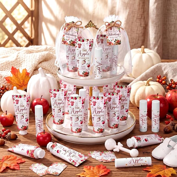 24 Sets Fall Apple Theme Baby Shower Hand Cream and Lip Balm Gift The Apple of Our Eye Baby Shower Party Favors Travel Size Hand Lotion and Lip Balm Bulk with Organza Bag Tag for Guest