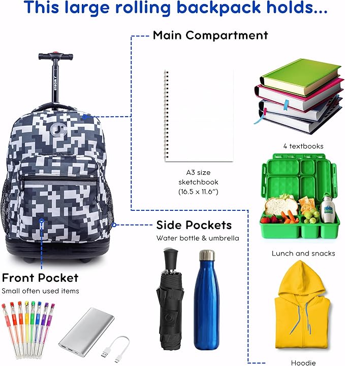 J World Sunrise Kids Rolling Backpack for Girls Boys. Roller Bookbag With Wheels For School, Camo