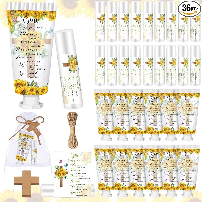 144 Pcs Christian Lip Balm Hand Cream Set Mothers Day Biblical Party Favors Include 36 Bible Lip Balms and Sunflower Moisturizing Hand Creams 36 Bags Cards and Ropes for Women Church Care