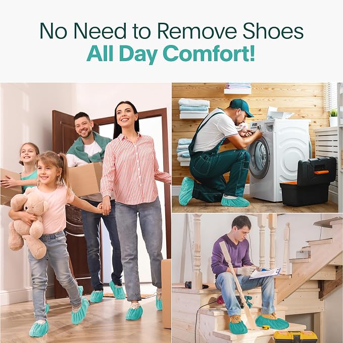 Premium Boot & Shoe Covers Disposable Booties - 100 Pack - Durable, Non-Slip, Non-Toxic, Water Resistant, Recyclable Protectors for Indoor & Outdoor - Large Size Fits Most Shoes