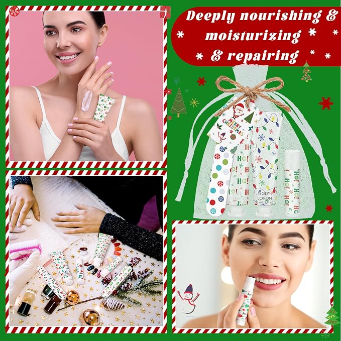 6 Sets/36 Pcs Christmas Party Favors Christmas Hand Cream Body Lotion Lip Balm Nail File Gifts Set Xmas Stocking Stuffers Travel Size Lotion Bulk Holiday Party Supplies for Coworkers Women Adults